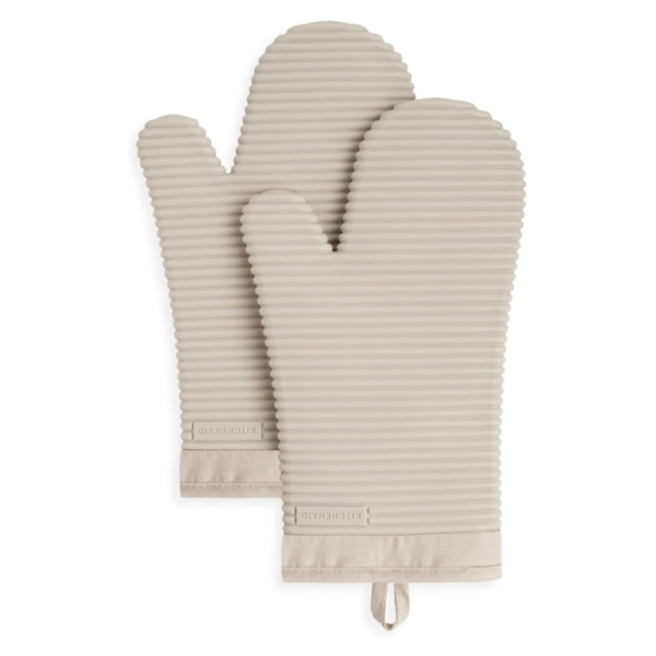 KitchenAid Ribbed Soft Silicone Oven Mitt Set, 7"x13", Milkshake 2 Count