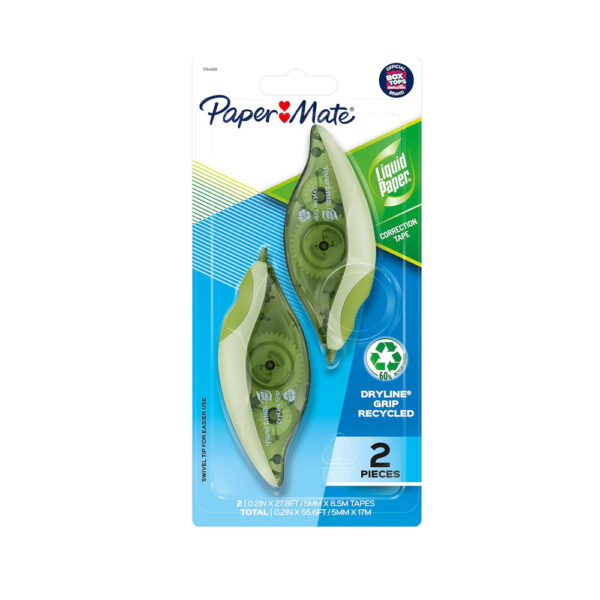 Paper Mate Liquid Paper DryLine Grip Correction Tape, Recycled, 2 Count