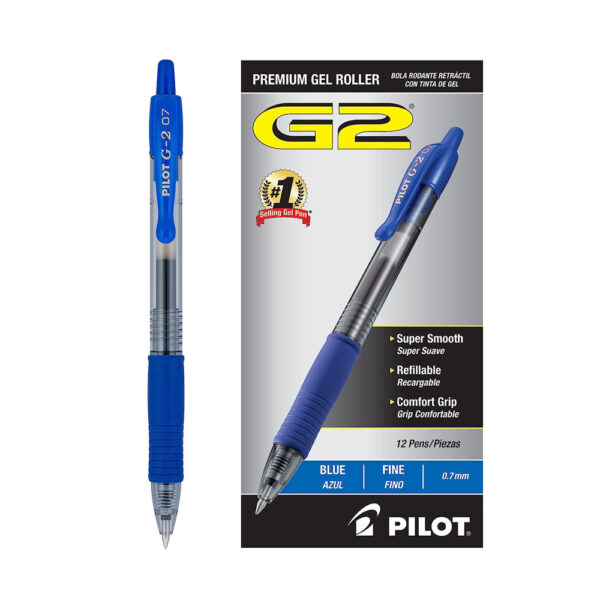 Pilot, G2 Premium Gel Roller Pens, Fine Point 0.7 mm, Blue, Pack of 12